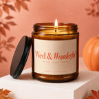 Amber glass soy candle with lid off, reads "Wed & Wonderful To The Happy Couple".