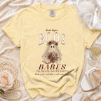 Yellow t-shirt with "Bride Before Boos" and ghost bride graphic.