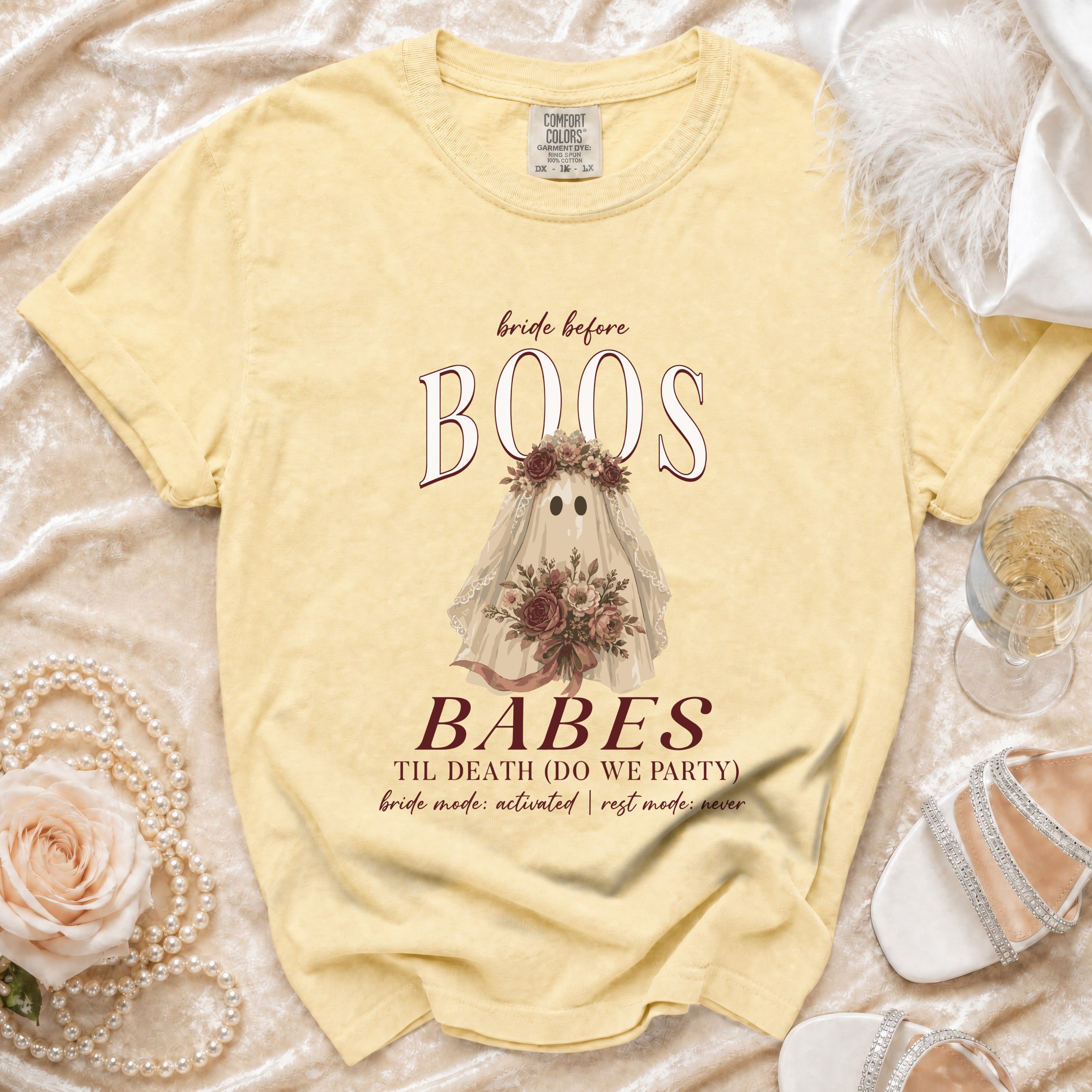 Yellow t-shirt with "Bride Before Boos" and ghost bride graphic.