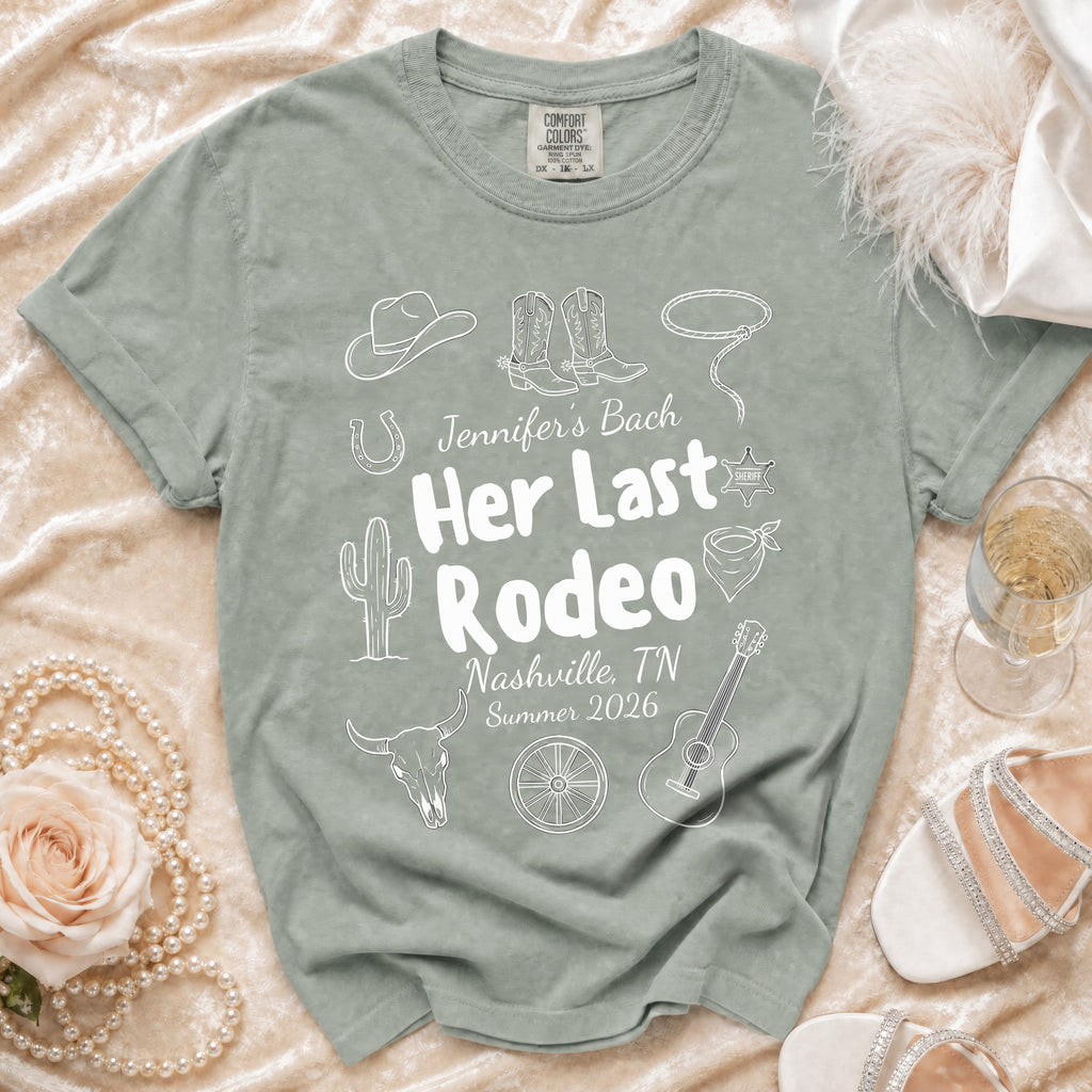 T-shirt with "Jennifer's Bach Her Last Rodeo Nashville, TN Summer 2026" and Western graphics.