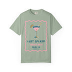 T-shirt with "Last Splash Sarah's Bach Malibu, CA Summer 2026" text and cocktail graphic.