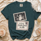 Teal t-shirt with a gothic wedding dress graphic and the text "'Til Death Looks Good on Me."