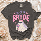 Charcoal t-shirt with "Mother of the Bride" text and a ghost bride graphic.