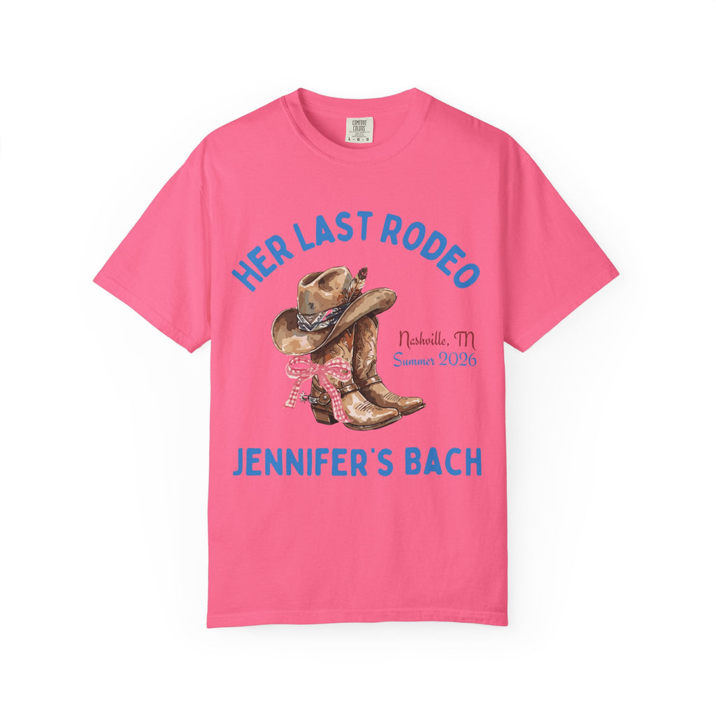 Pink t-shirt with "Her Last Rodeo" and bachelorette details.