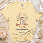 Yellow bachelorette t-shirt with "Red, White & I Do" and party details.