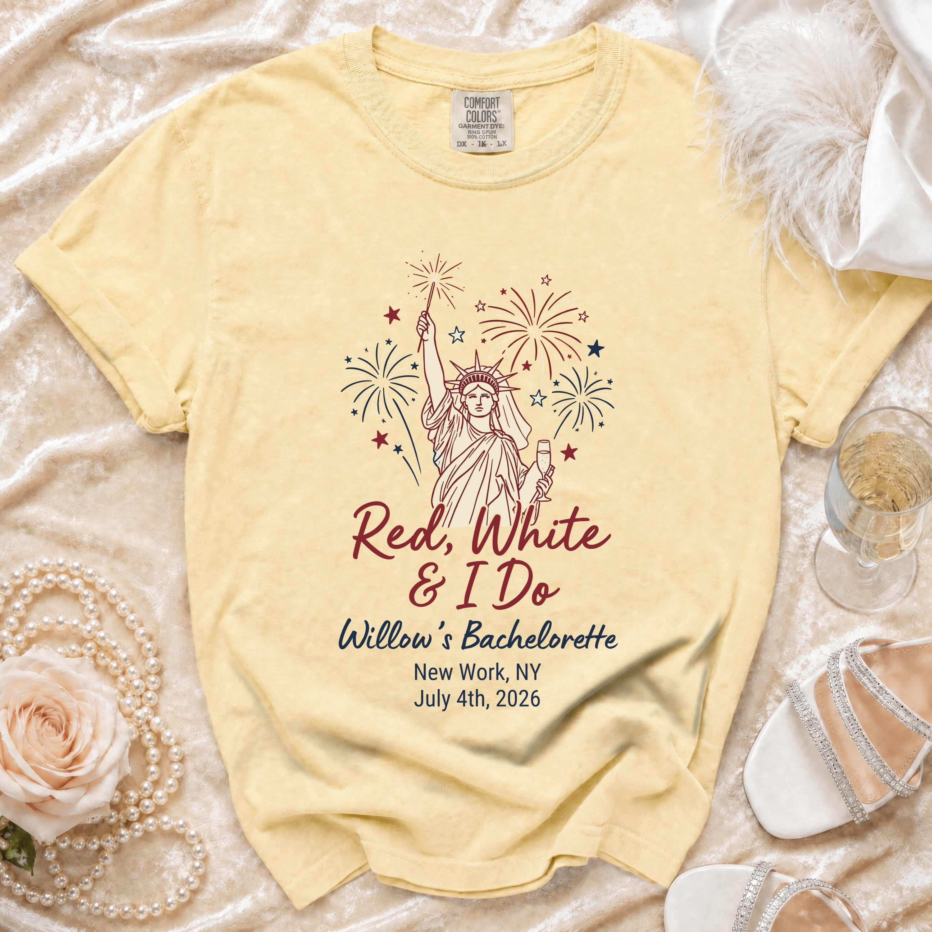 Yellow bachelorette t-shirt with "Red, White & I Do" and party details.