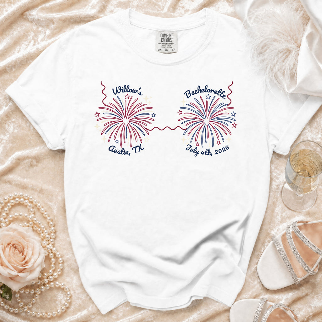 White t-shirt with "Willow's Bachelorette Austin, TX July 4th, 2026" text.