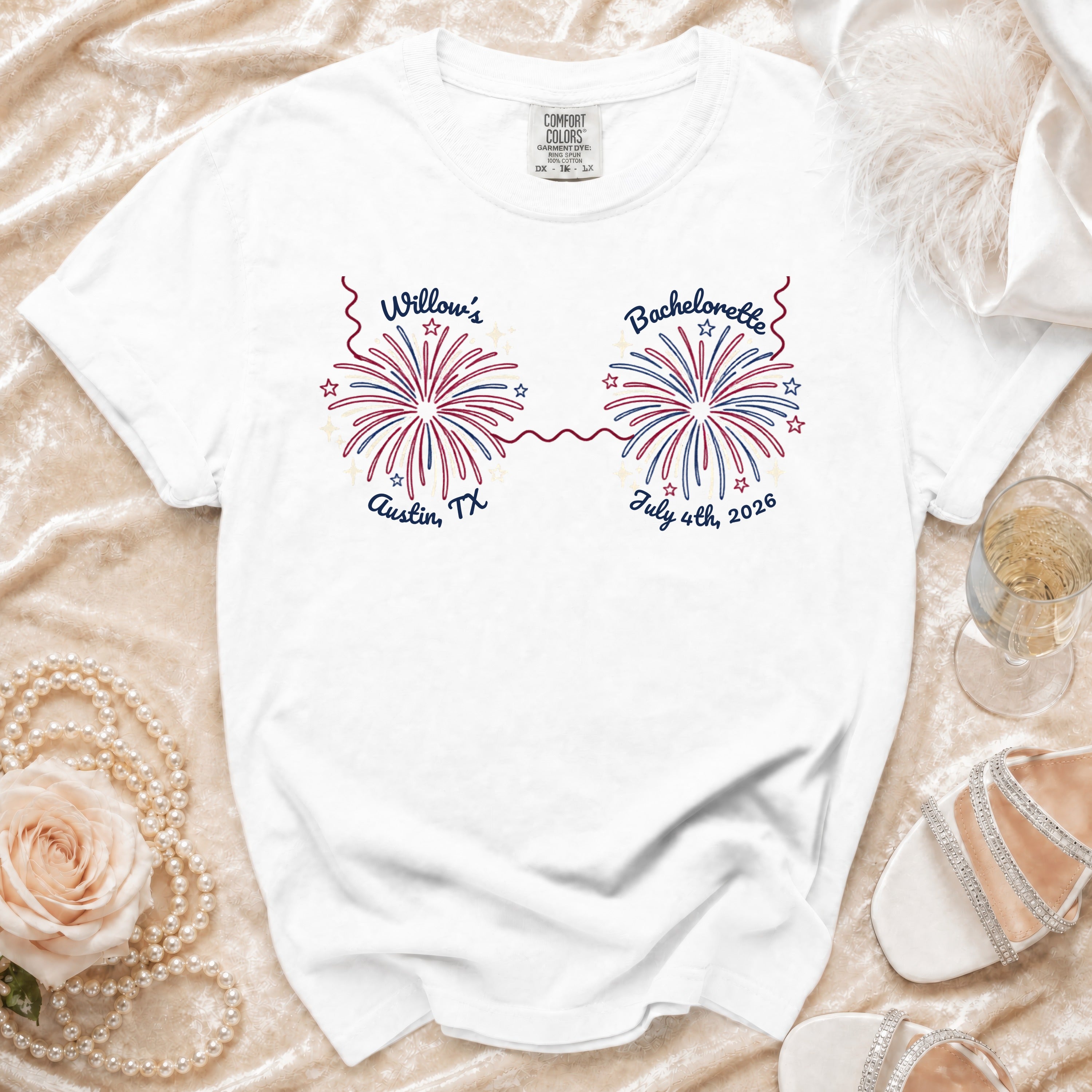 White t-shirt with "Willow's Bachelorette Austin, TX July 4th, 2026" text.