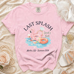 Pink t-shirt with "Last Splash" and "Savah's Bach" graphics, beach theme.
