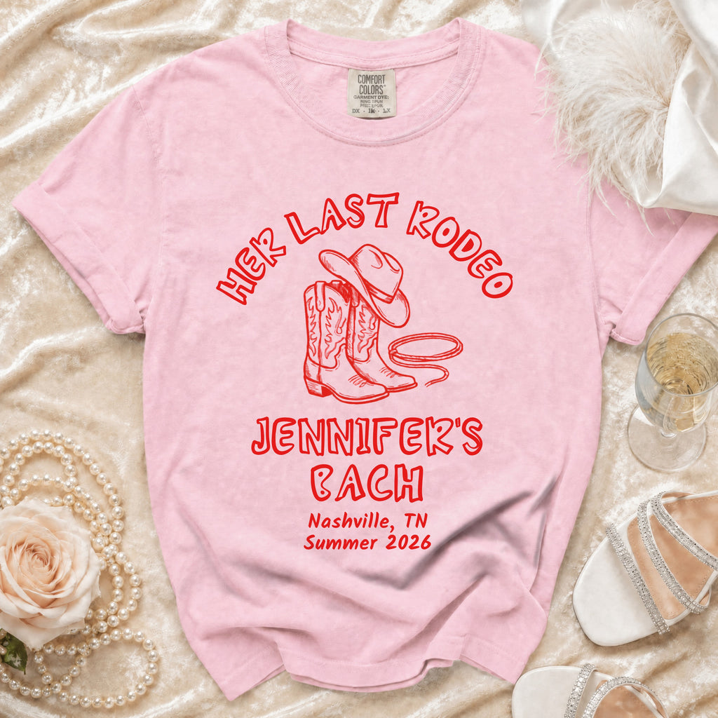 Pink t-shirt with "Her Last Rodeo" and bachelorette details.