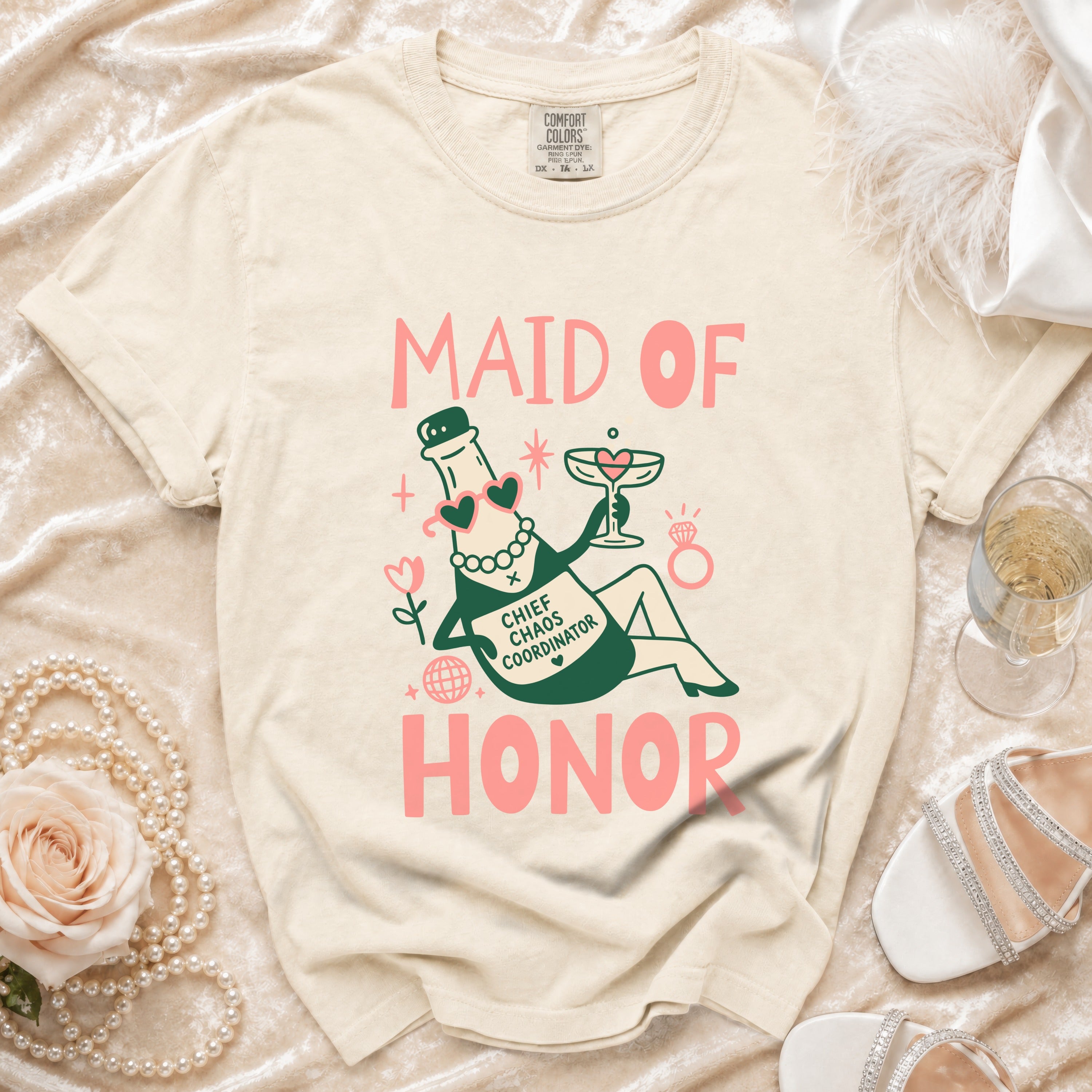 Maid of Honor t-shirt with champagne bottle and "Chief Chaos Coordinator" text.
