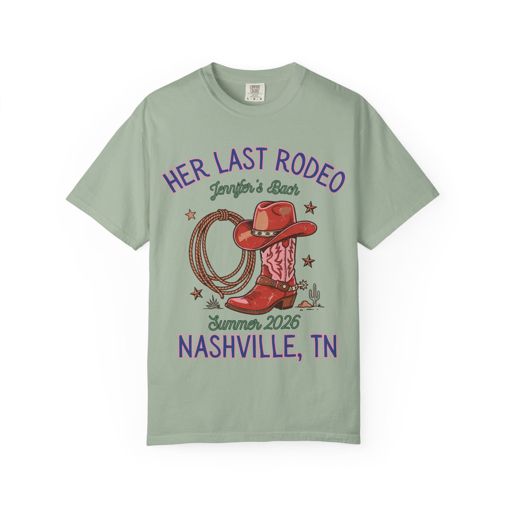 Cowboy boot and lasso graphic with text "Her Last Rodeo, Jennifer's Bach, Summer 2026, Nashville, TN".