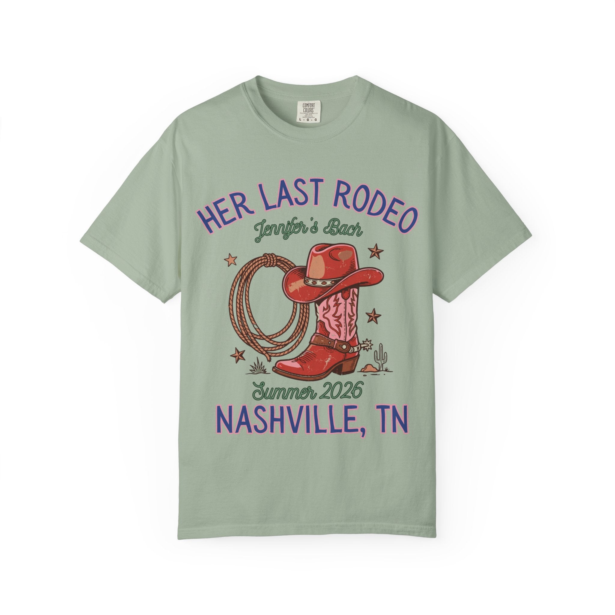 Cowboy boot and lasso graphic with text "Her Last Rodeo, Jennifer's Bach, Summer 2026, Nashville, TN".
