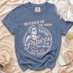 Blue t-shirt with "Mother of the Bride Raising Princess is My Full-Time Job You're Just Her Bonus" text.
