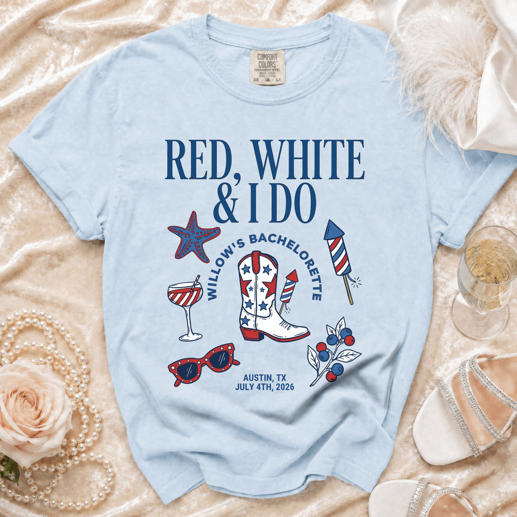 Light blue t-shirt with "Red, White & I Do" and bachelorette party graphics.