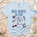 Light blue t-shirt with "Red, White & I Do" and bachelorette party graphics.