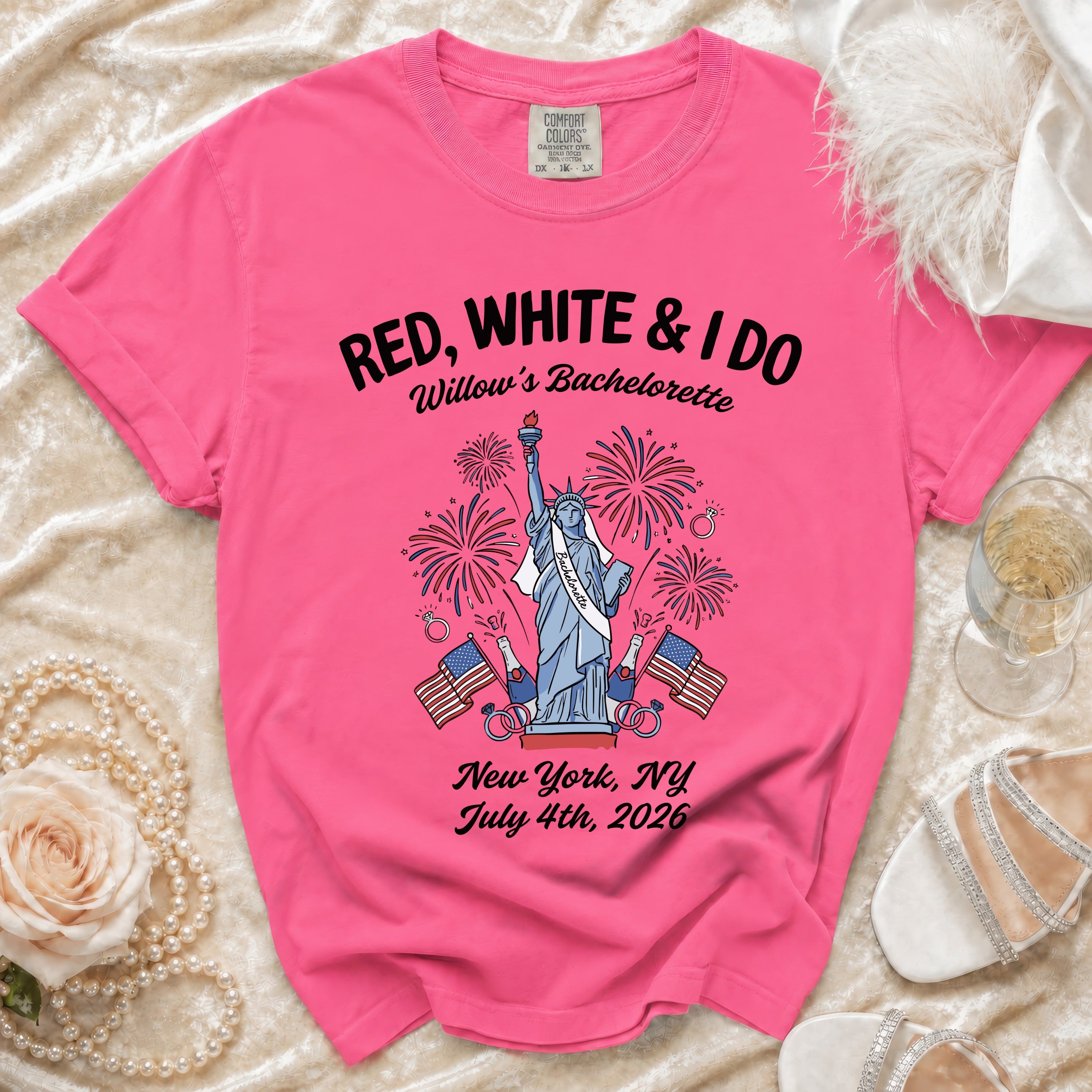 Red, White & I Do Willow's Bachelorette shirt with Statue of Liberty.