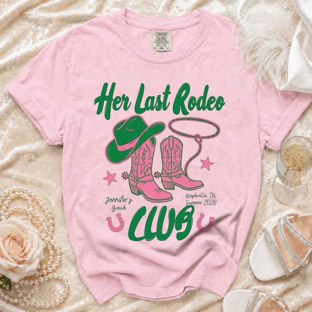 Pink t-shirt with "Her Last Rodeo Club" and Nashville 2026 text.