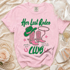 Pink t-shirt with "Her Last Rodeo Club" and Nashville 2026 text.