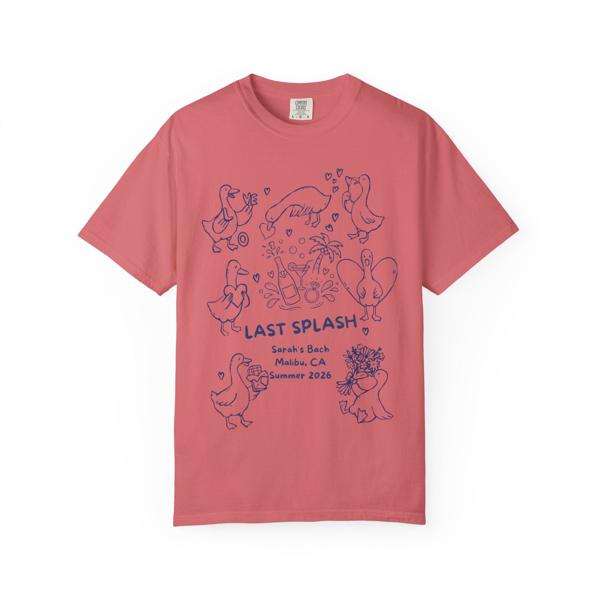 Pink t-shirt with "Last Splash" and duck illustrations for Sarah's Bach, Malibu, CA Summer 2026.