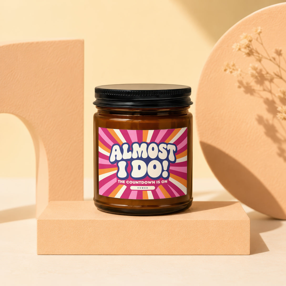 Amber jar candle with "Almost I Do!" and "The Countdown Is On" text.