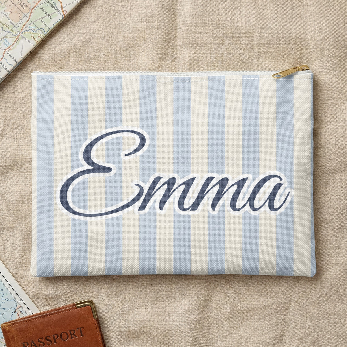 Last Toast On The Coast name pouch, Chambray stripes, flat lay