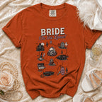 Orange t-shirt with "BRIDE On the Loose!" text and a map graphic.