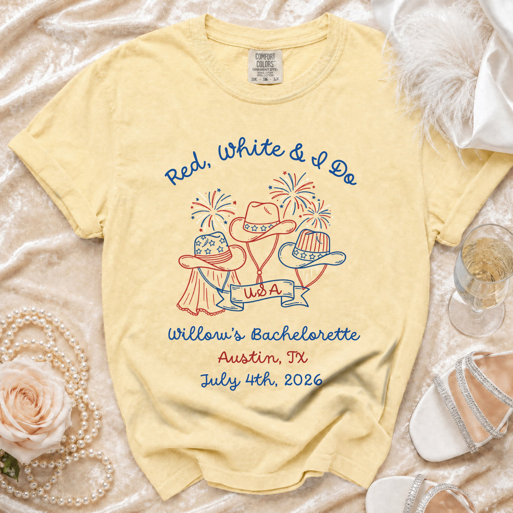 Yellow t-shirt with "Red, White & I Do" and bachelorette details.