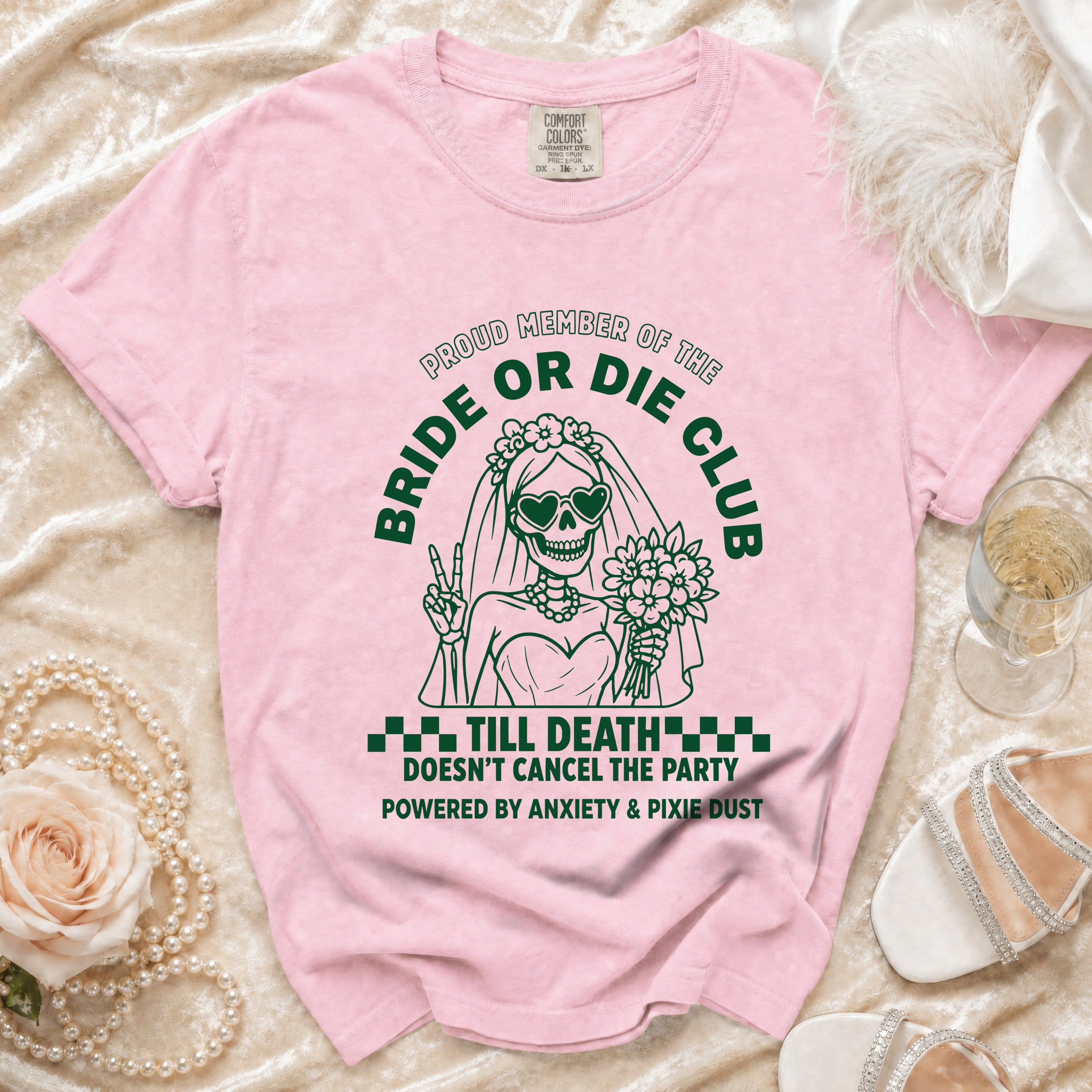 Pink t-shirt with "Bride or Die Club" skull graphic and party text.