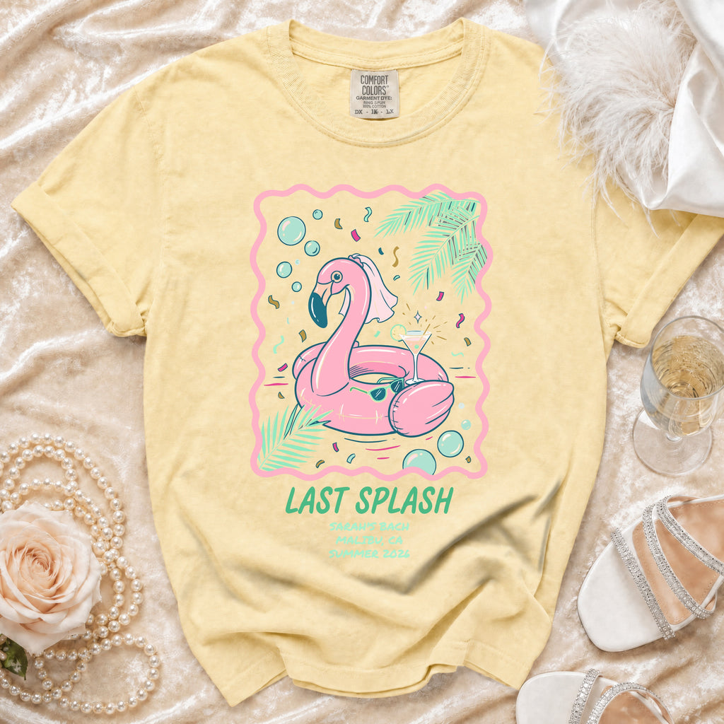 Yellow t-shirt with pink flamingo graphic and "Last Splash" text.