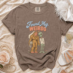 T-shirt with Bigfoot bride and alien groom graphic saying "Found My Weirdo".