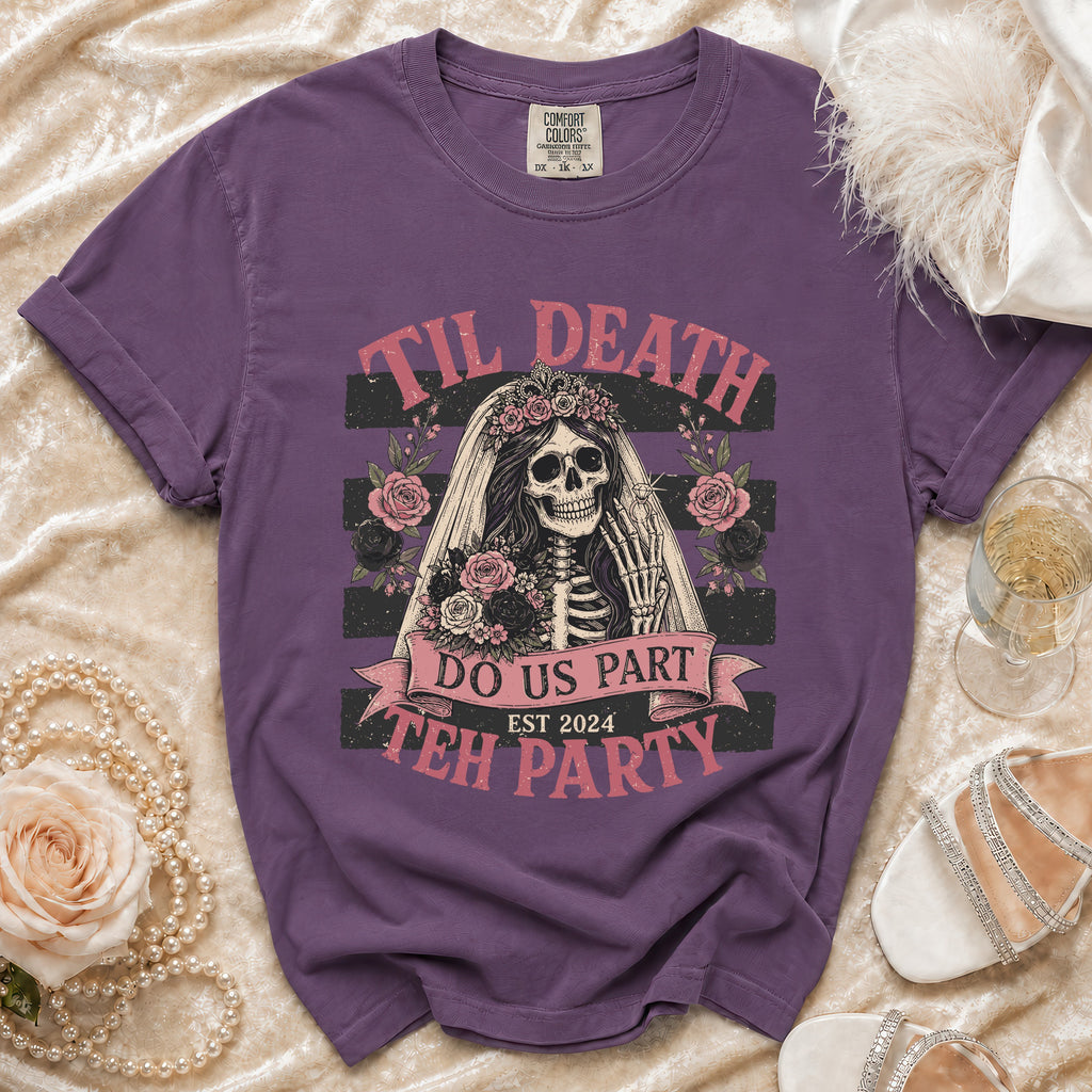 Purple t-shirt with skeleton bride graphic reading "Til Death Do Us Part Teh Party Est 2024."