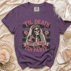 Purple t-shirt with skeleton bride graphic reading "Til Death Do Us Part Teh Party Est 2024."