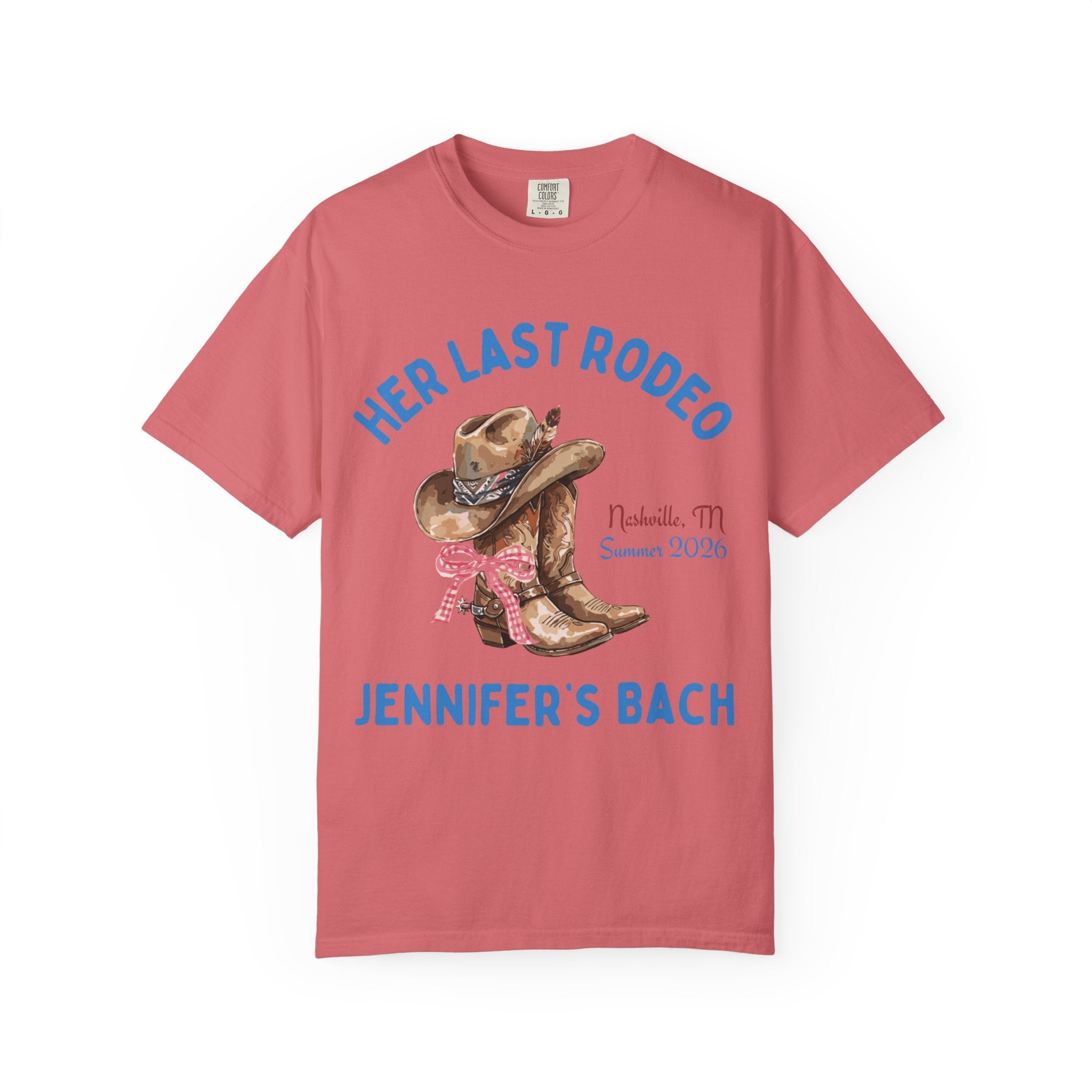 "Her Last Rodeo" bachelorette t-shirt with cowboy boots and hat.