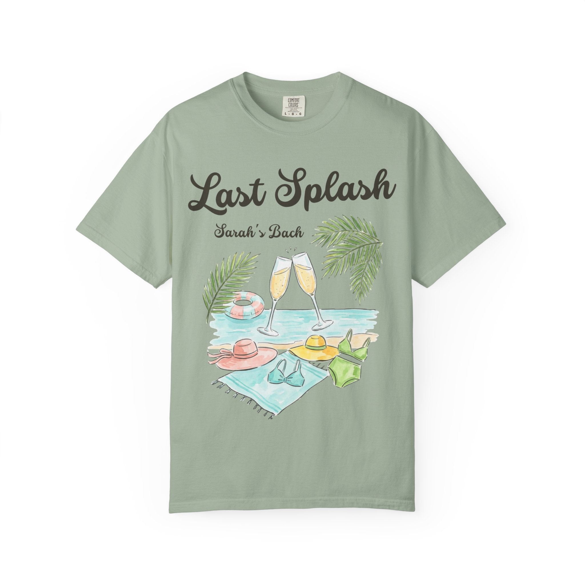 T-shirt with "Last Splash Sarah's Bach" text and beach scene illustration.