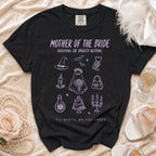 Black t-shirt with "Mother of the Bride Surviving the Haunted Wedding" text and gothic wedding illustrations.
