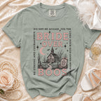 T-shirt with "Bride Over Boos" design, a church, moon, and tombstone.