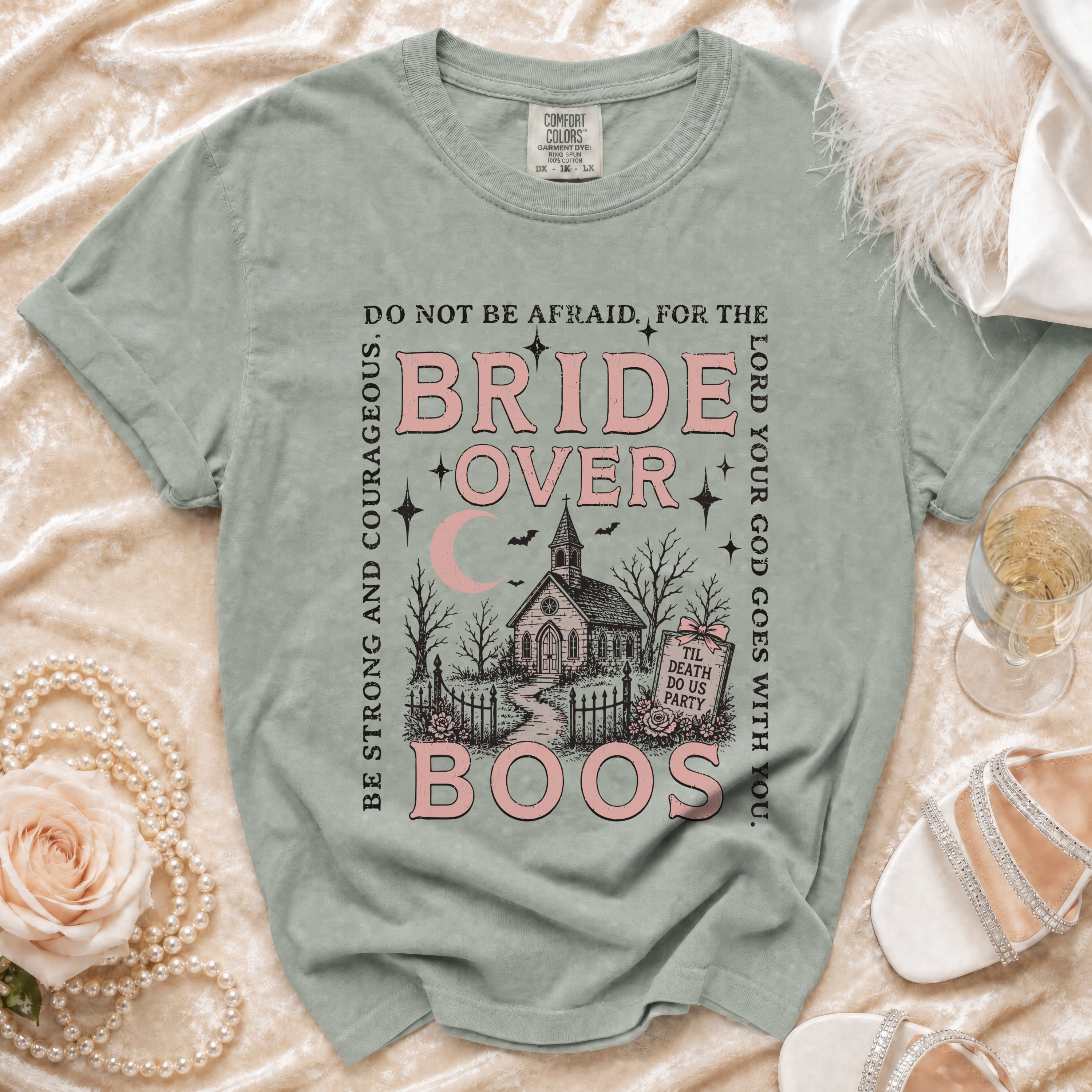 T-shirt with "Bride Over Boos" design, a church, moon, and tombstone.