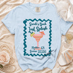 Light blue t-shirt with "Sarah's Bach Last Splash Malibu, CA Summer 2026" text and cocktail graphic.