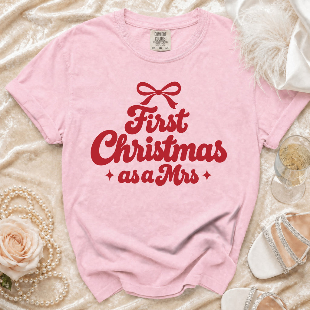 Pink t-shirt with red text "First Christmas as a Mrs" and a bow.
