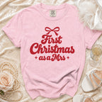 Pink t-shirt with red text "First Christmas as a Mrs" and a bow.