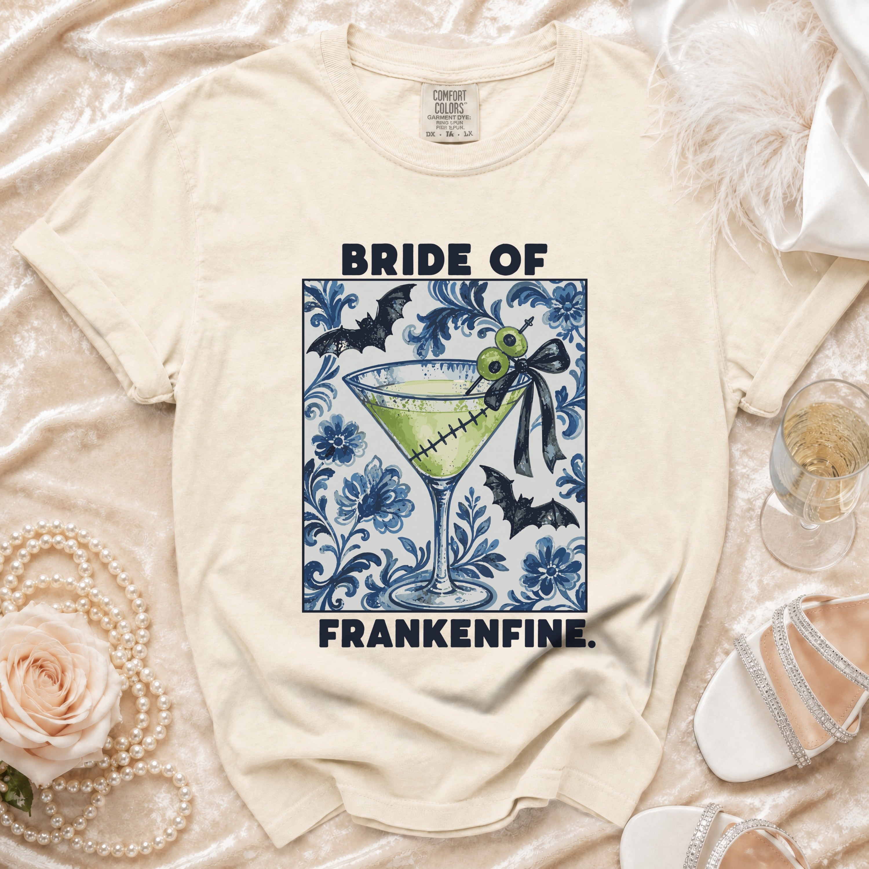 T-shirt with "Bride of Frankenfine" text and Frankenstein martini glass graphic.