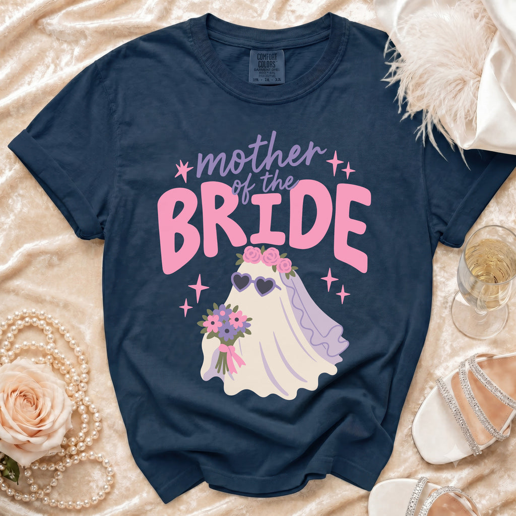 Navy t-shirt with "mother of the BRIDE" text and ghost graphic.