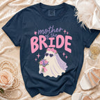 Navy t-shirt with "mother of the BRIDE" text and ghost graphic.