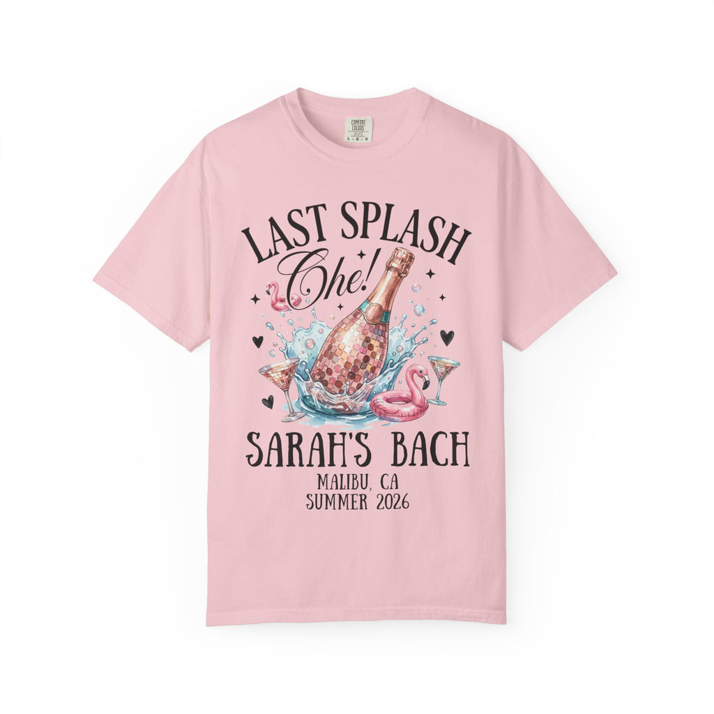 Pink t-shirt with "Last Splash" champagne graphic and "Sarah's Bach" text.