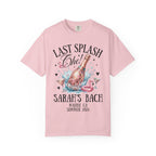Pink t-shirt with "Last Splash" champagne graphic and "Sarah's Bach" text.