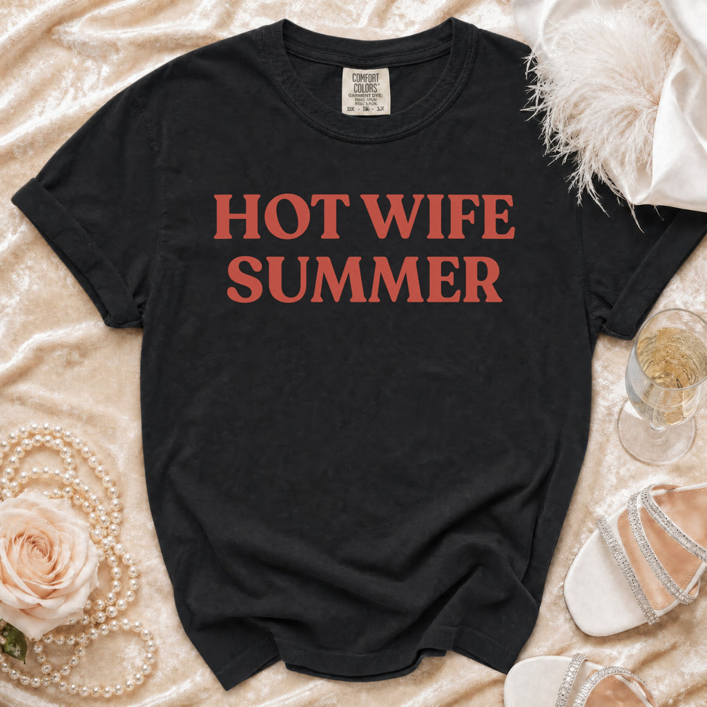 Black t-shirt with red "HOT WIFE SUMMER" text and Comfort Colors tag.