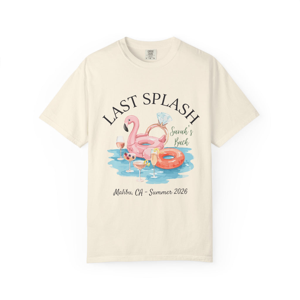"Last Splash" t-shirt with flamingo, rings, and drinks for a bachelorette party.