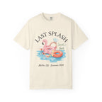 "Last Splash" t-shirt with flamingo, rings, and drinks for a bachelorette party.