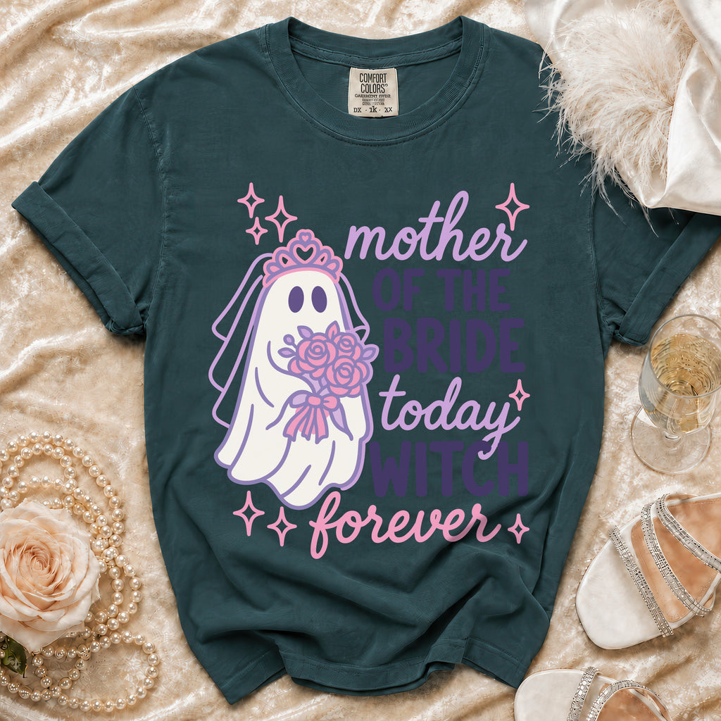 Dark green t-shirt with a ghost bride graphic and "mother of the bride today witch forever" text.